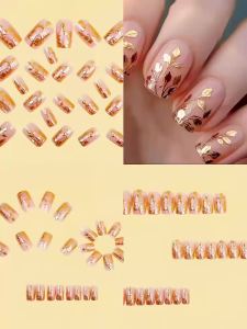 Short Medium Fake Nails Golden Leaf Flowers Butterfly for Spring Summer Full Cover Square Nail Tips Press On Acrylic False Nail