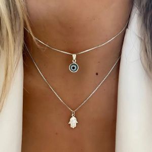 Minimalist Double Layered Evil Eye Hamsa Hand Necklace for Women Turkish Blue Eye Pendant Choker Party Aesthetic Amulet Jewelry