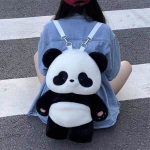 Cute Panda Plush Backpack Cartoon Doll Bag Birthday Gift for Girlfriend Velvet Material Zipper Closure School Bag for Youth