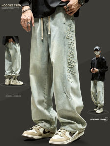 Washed Embroidered Flared Jeans Mens American High Street Loose Trousers Drawstring Straight Workwear Pants Spring Autumn