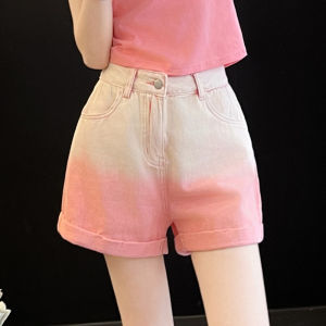 Dopamine Fashion ลำลอง ชุดผู้หญิง ฤดูร้อน อินเทรนด์ Anti-Aging Pink Short Sleeve Gradient เดนิม กางเกงขาสั้น ชุดสองชิ้น ผ้าฝ้าย Overhead คอกลม