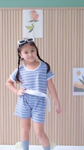Two Mix - Baju Setelan Anak Perempuan Celana Pendek Salur Lucu 1-8 Tahun 4366