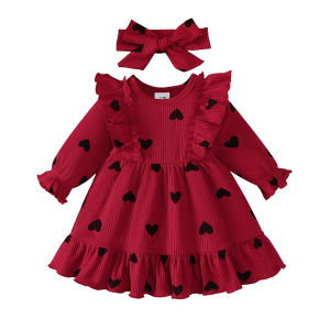 0-18 Months Baby Girl Clothes Sweet 2Pcs Dress Set Ruffle Heart Print Dress with Matching Headband Infant Autumn Casual Outfit