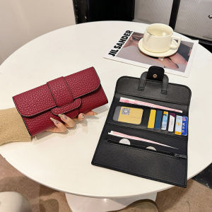 Retro Long Ladies Wallet Soft Leather Lychee Pattern Three Fold Clutch Bag Korean Style New Model Youth Fashion Accessory