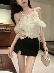 GUZILIAN | Elegant Pearl Necklace Hanging Strap Top Women Summer Pure Desire Shoulder Exposure Short Sleeve Silk Shirt Loose Korean Style