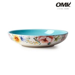 OMK American Style Underglaze Ceramic 9 inch Deep Plate Salad Bowl Blue Peony Flower Series