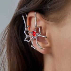 IngeSight.Z 1Pcs Goth Metal Spider Red Zircon Ear Cuff Stud Earring Women HipHop Exaggerated Ear Clip Halloween Y2K Jewelry Gift
