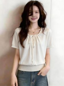 French Square Collar Short Sleeve Iced Silk T-Shirt
