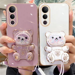 Ins Phone Case VIVO V50 Lite VIVOV50 Lite VIVOV50Lite 5G 4G New Trend Cute Cartoon Ultra-thin Soft Casing with Fashion Quicksand Bear Stand and Lanyard 2025