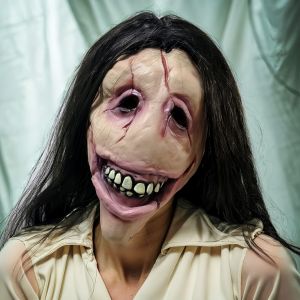 Slit Mouth Woman Mask Scary Female Ghost Hair Creepy Smile Horror Latex Face Cover Halloween Costume Cosplay Party Props Adults