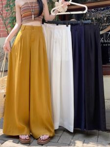 Yellow High Waist Slimming Loose Wide Leg Palazzo Summer Workwear Polyester Blend Tucked Pleater Pockets Commute Flavour Korean Style