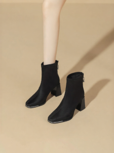 Josiny | Black Short Ankle Boots Rough Heels Pointed Toe Suede Martin Style