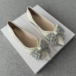 Comfortable Pointed Toe Flat Shoes Diamond Butterfly Knot Maids Dress Shoes Square Head Womens Slip-On Fashionable Casual Footwear