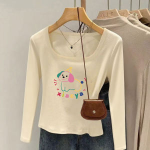 เสื้อยืดคอกลมแขนยาวสีแดง ทรงสลิมฟิต ลายสุนัข ผ้าฝ้ายแท้ ทรงสั้น สำหรับผู้หญิง แฟชั่นฤดูใบไม้ร่วง เสื้อผ้าทำงานสไตล์เกาหลี