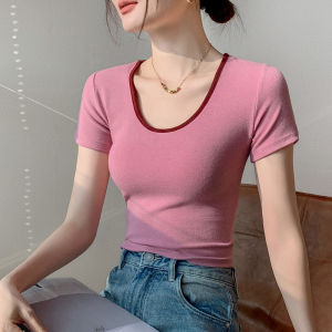 GEBEISHANG | Colorful Round Neck Short Sleeve T-shirt for Women Summer New Simple Shoulder-fitting Slimming Shirt Innerwear