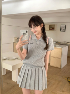 imimtuan | Bộ Áo Polo Và Chân Váy Knit Phong Cách Trường Học