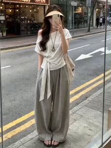 SENWA | New One-Shoulder Striped T-shirt and Wide-leg Pants Set