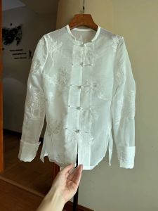 New Chinese Style Ogeeshirt Womens Long Sleeve Thin Embroidery Button up White Top Straight Cut Commute Style Fashion