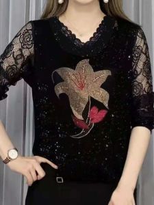 Spring Summer Autumn 2025 New Long Sleeve V Neck Elegant Mom Large Size Top Women Middle Youth Diamond Embedded T Shirt Base Shirt