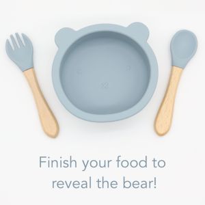 Baby Bear Silicone Suction Bowl Wooden and Fork Spoon Set 310ml CHILD SAFE Cutleries Utensils Infant Toddler Feeding