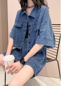 Fashionable Sweet Cool Denim Set Womens Short Thin Summer Jacket Top Shorts Two-Piece Set Ageless Elegance Student Work Uniform