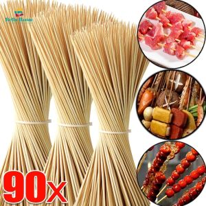 90Pcs/Pack Disposable Bamboo Sticks Natural Wood Barbecue Long Skewers 15/20/25/30cm Fruit Skewers Catering Camping Party Tool