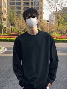 American Style Long Sleeve T-Shirt Mens Clean Sun Loose Neck Top Inner Wear Base Shirt Youth Fashion Breathable Cotton Pure Color