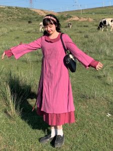 Romantic Japanese Style Dress Hey Shan Nai Nai Spring Summer Autumn Vintage Travel Outerwear Womens High Waist A-Line Skirt Long Sleeve round Neck Dress