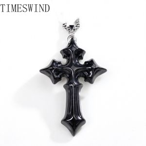 TIMESWIND Authentic Myanmar A-type Jade Black Gothic Cross Pendant Retro Men Women Titanium Steel Necklace Gift with Certificate