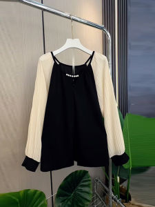 plus Size Womens Shirt Beaded Collar Long Sleeve Color Block Slim Fit Cotton Polyester Blend Button up Office Commute Style