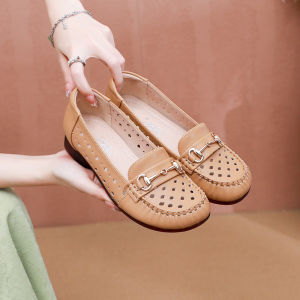 SHIPAILUO | Summer 2025 Hollow Out Mom Sandals Breathable Top Layer Cowhide Wide Round Toe Casual Style Metal Element Flat Heel Solid Color