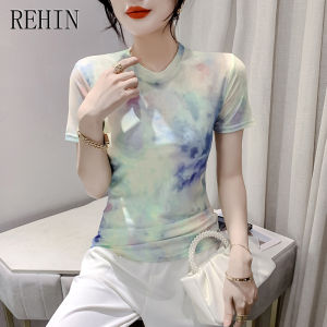 REHIN Summer Fashion Mesh Halo process Printed Short Sleeve Round Collar T-shirt Slim Fit S-3XL Korean Stylish Womens Top