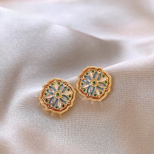 Elegant Chinese Style Enamel Earrings Womens Fashion Jewelry Oil Painting Design Luxury Vintage Dangle Studs Alloy Gold Plated