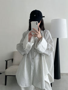 SunYeo Retro Hemp Cotton Striped Long Sleeve Womens Shirt Street Style Loose Fit Shoulder-Length Button-Up Casual Top