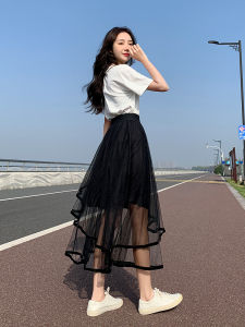 Váy Lưới Dài Không Đều Thời Trang Mùa Hè Cho Nữ Váy Midi Cao Cấp Không Cần Bồng Tay Áo Dài Tay Màu Trơn Váy Lưới