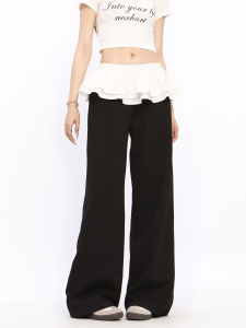 Biggold ลำลอง สูง เอว พรางหุ่น ขาตรง Drapey กางเกง ผู้หญิง ขากว้าง กางเกงขายาว กระโปรงบานเย็บปะติดปะต่อสไตล์บัลเล่ต์