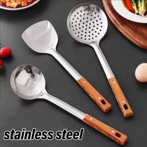 YESPERY ไม้พายด้ามสแตนเลสยาวหนาช้อนกรองแผ่นปูพื้นไม้ตะหลิวทำกับข้าวเครื่องครัวห้องครัว