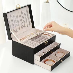 Leather Jewelry Box Organizer With Lock Three Layer Jewelry Storage Box Ring Ear studs Watch Necklace Jewelry Case Organizer
