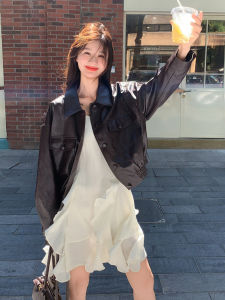 Caramel Hong Kong Style Retro Cool Sweet Short Leather Jacket Womens 2025 Autumn New Motorcycle PU Leather Jacket