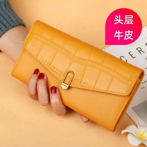 Attract Wealth Yellow Long Thin Soft Leather Wallet for Women New 2025 Multi-Card Slot Clutch Bag Elegant Fashion Accessory