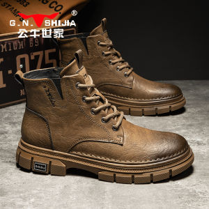 Bull Family Mens Winter Martin Boots Thick Bottom Warm Fleece Lined Snow Boots British Style High Top Workwear Leather Shoes