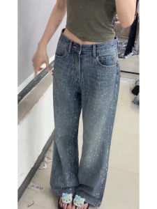 Retro Rhinestone Denim Pants Womens Heavy Embellished Wide Leg Casual Bright Sparkling Full Sky Star Summer Fashion