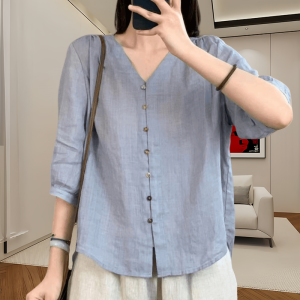 Retro Artistic Cotton Linen Shirt Women Summer New Loose Slimming Casual Versatile Small Shirt V-neck Mid-sleeve Top