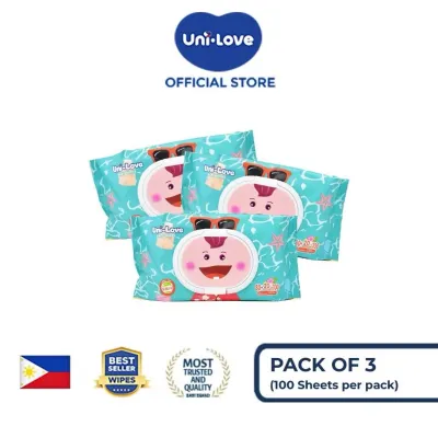 Uni-Love baby wipes 100 sheets per pack cartoon character design soft and gentle for baby skin.