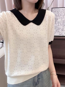 Short Sleeve Gingham Yoke T-Shirt Loose Fitting Slimming Womens Blouse
