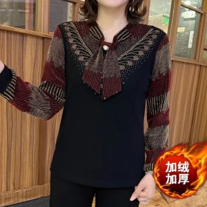 เสื้อเชิ้ตผู้หญิงฤดูใบไม้ร่วง/ฤดูหนาว ทรงเข้ารูป ดีไซน์เก๋ไก๋ ประดับเพชร แขนยาว ปกปิดหน้าท้อง อบอุ่น เสื้อเชิ้ตลูกไม้