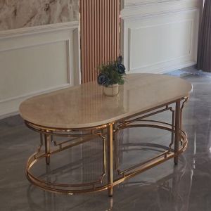 meja tamu oval klasik stainless gold top marmer krem