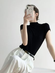 HUOLISI | Black Semi High Neck Summer Fitted Tshirt
