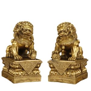 Brass Lions Statue Wealth Prosperity Guardian Lions Pair of Fu Foo Dogs Home Office Fengshui Decoration
