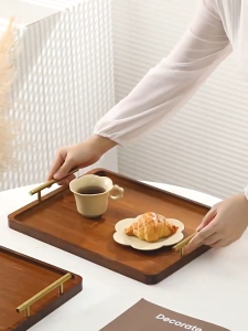 [SG Ready Stock] Ebony Rectangular Wooden Tray Japanese Style with Golden Metal Handle for For Food Bread Sundries Serving Tray Household Organizer